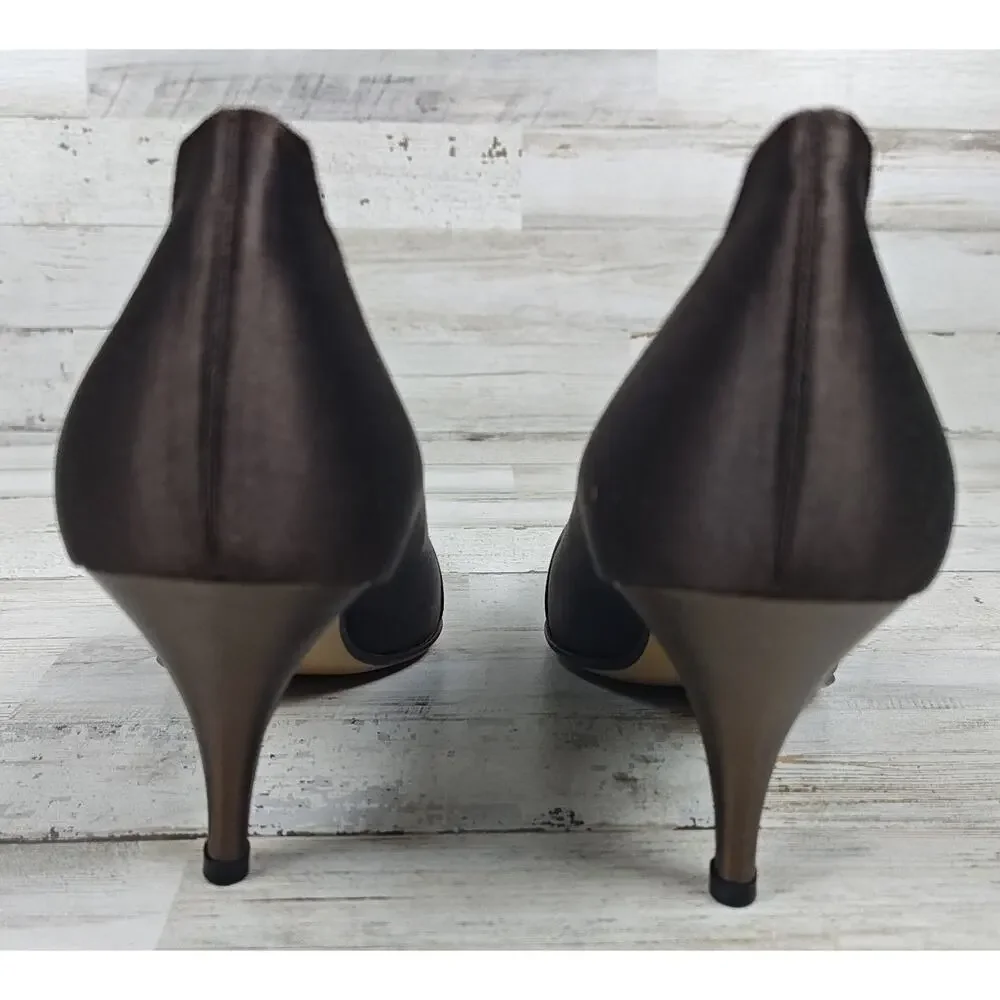 Di Sandro Pumps Brown Satin/Metallic Bronze Leather W/Rhinestone Buckle US9/EU40